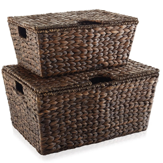 Set of 2 Water Hyacinth Storage Baskets (Medium/Large),  Multipurpose Organizer Totes with Tapered Bottoms and Removable Lids
