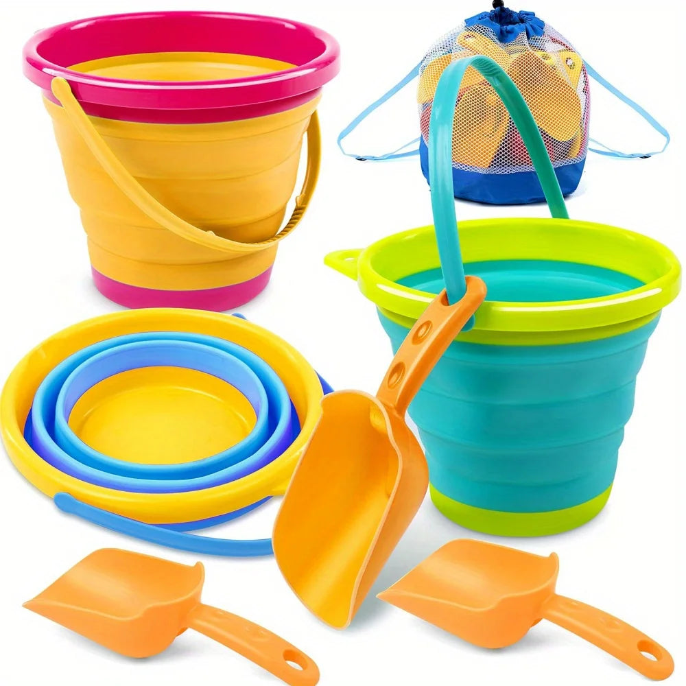 JOYFY 3 Packs Foldable Pail Bucket with Shovels Mesh Bag Collapsible Buckets Purpose for Beach Camping Gear Beach Party Fishing