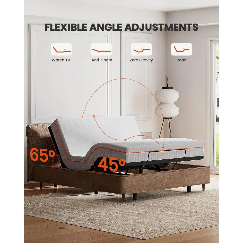 Amada Queen Adjustable Bed Frame with Massage, Head & Foot Incline, Wireless Remote, 4 Built-in USB Ports, LED Night Light, 4 He