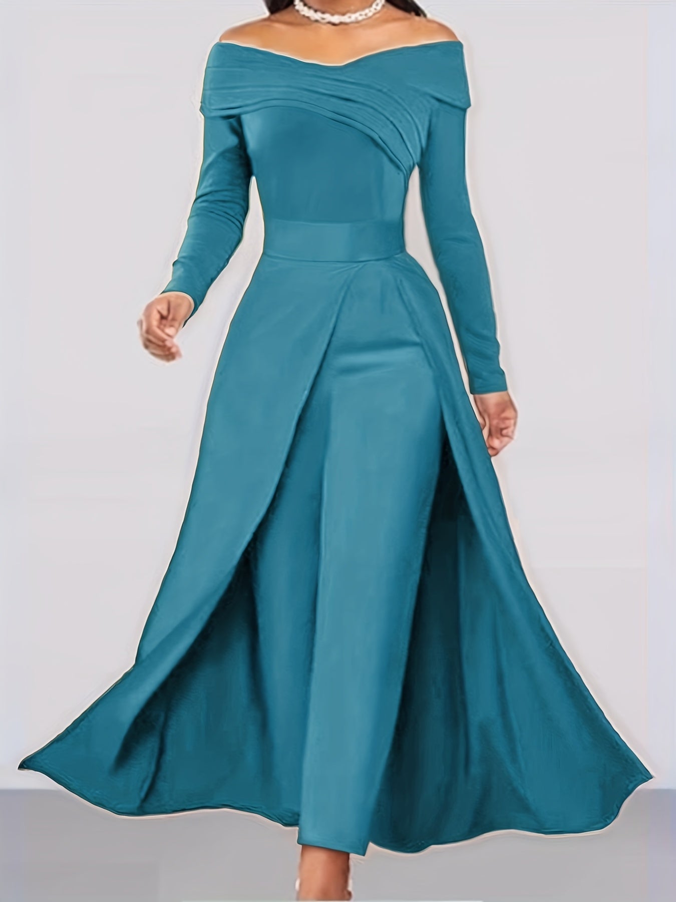 Women's Elegant Off-Shoulder/Boat Neck Two-Piece Set - Solid Color Beige/Black/Navy Blue Tailored Pantsuit, Structured Blazer & Matching Trousers, Machine Washable Autumn to Semi-Formal Attire (No Dry Clean)