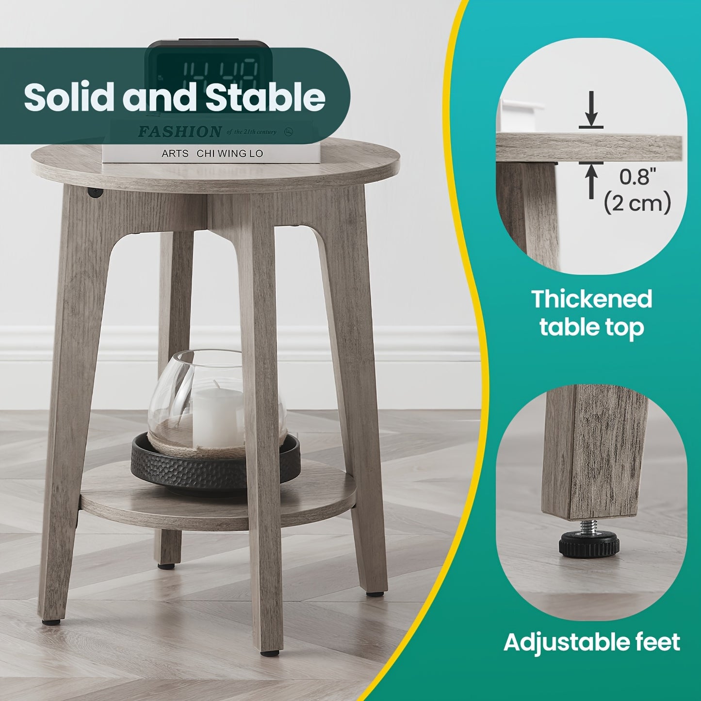 Side Table,  Round End Table with Lower Shelf, Nightstand for  Spaces, Living Room, Bedroom