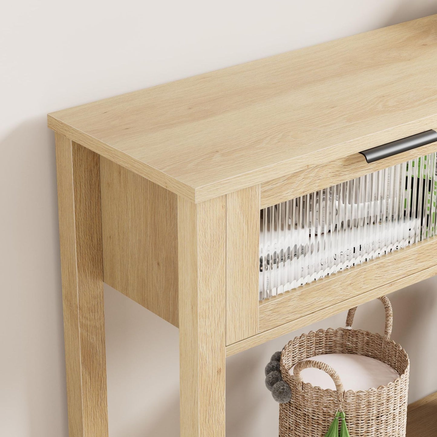 43-Inch Narrow Wood Console Table with Stylish Glass Drawers | 2-Tier Sofa and Entryway Table in Burlywood End, Perfect for Living Room, Bedroom, Hallway, Foyer Storage, Entryway Table | Classic Style, Hardwood Material, Asse