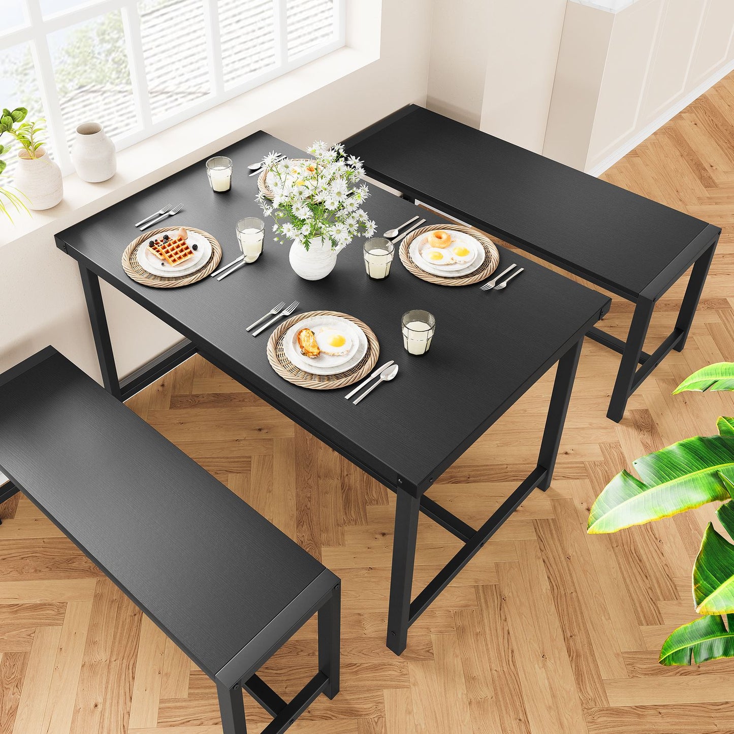 Modern Farmhouse 3pcs Dining Set for 4 with Steel Frame, Space-Saving Benches, and Tabletop, Perfect for Small Apartments and Dinette Areas, Easy Assembly, Dining Table
