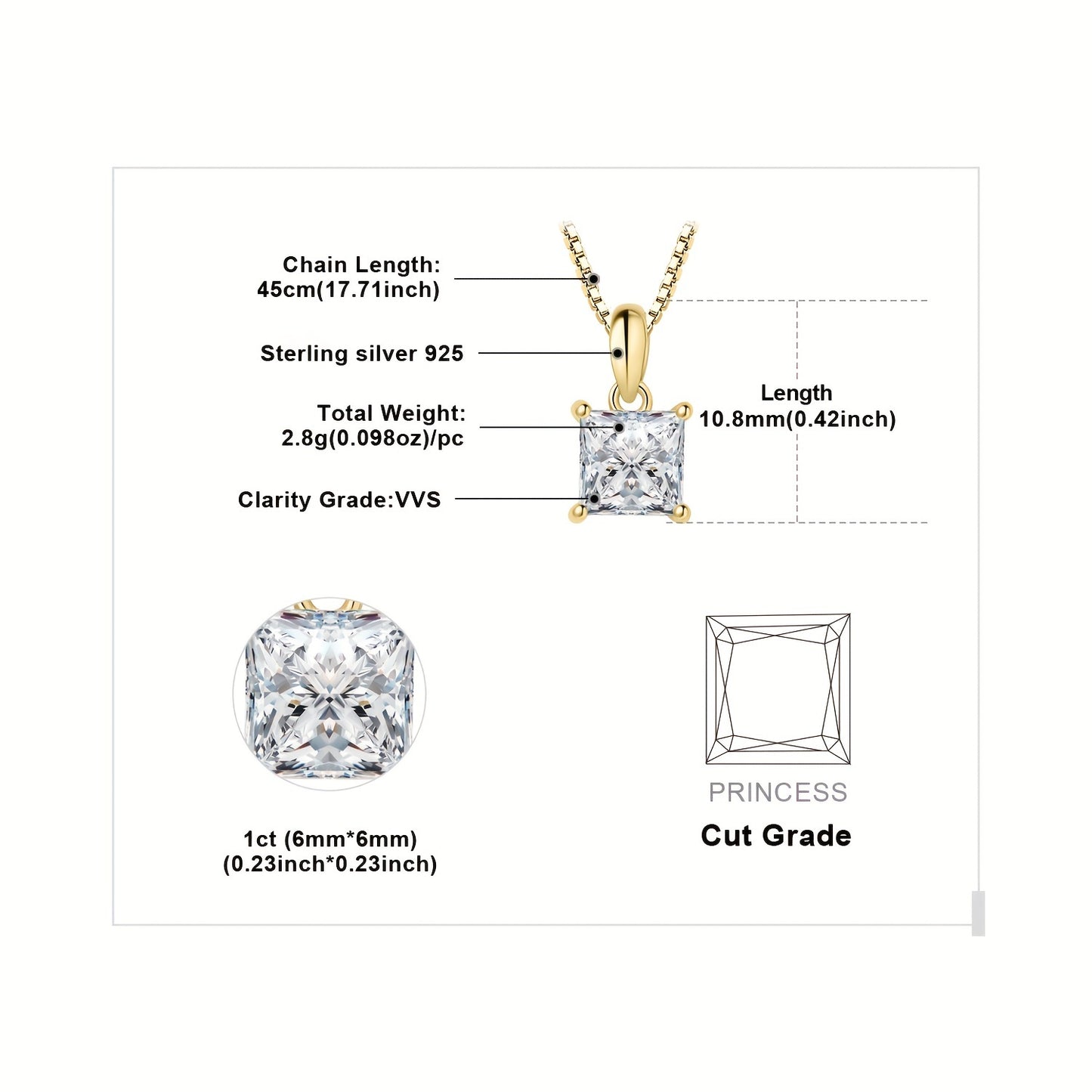 1pc 925 Sterling Silver Simple And Elegant Exquisite Multi-faceted Princess Cut Synthetic Cubic Zirconia Silver Pendant Necklace for Women for Girl Perfect for Dating Gift for Daily Decoration Wedding Engagement Fine Jewelry