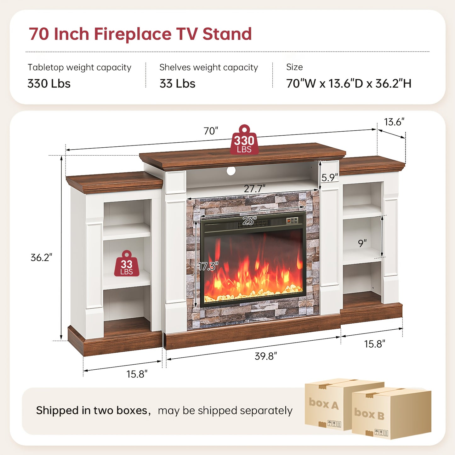 70-inch TV Stand With An Electric Fireplace And Mantel, A Contemporary Entertainment Unit Offering Open Storage, Remote Control, Adjustable Flames, And LED Lighting, Suitable For Living Rooms And Bedrooms And An Excellent New