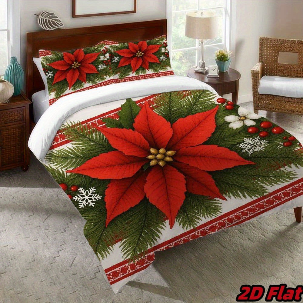 3pcs 2D Flat Christmas Poinsettia Duvet Cover - Red Flower Bedding with Green Pine Branches, Snowflake Pattern, Soft Breathable Polyester, Winter Holiday Bedroom Decor, All-Season 100% fiber fabric 1 Duvet Cover + 2 Pillowcas