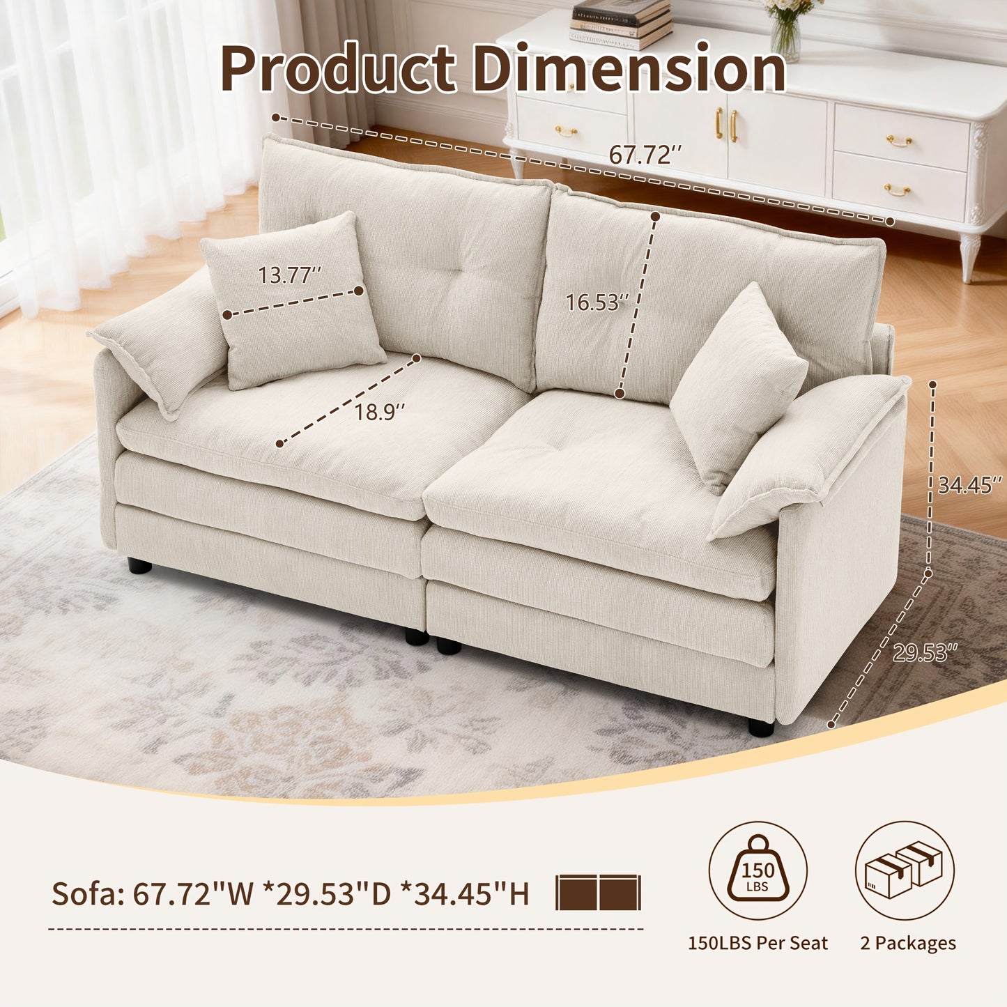 67.72-inch Modern Two-seater Chenille Upholstered Sofa | Comfortable Soft Cushions, Suitable for Living Room, Bedroom, Office, Modern Minimalist Design, Includes Soft Throw Pillows, Hardwood Frame by LNSENFIN