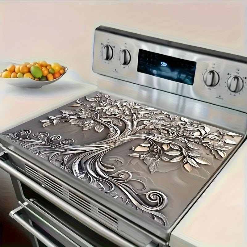 Silvery Plant Stove Cover Protector - Heat-Resistant Kitchen Counter Mat, 28.46x20.59 Inches, Non-Slip Washer/Dryer Pad, Floral Design, Scratch-Resistant & Easy-to-Clean Home Decor, Flat Product, Image for Reference Only