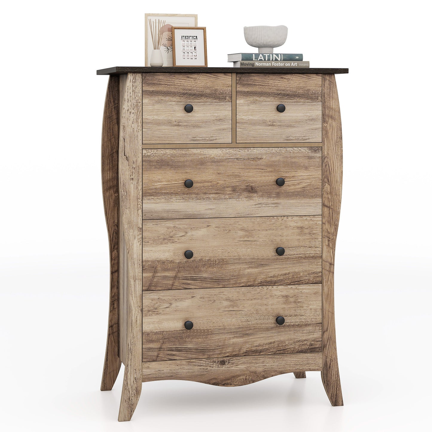 COSTWAY 30" Modern Farmhouse Dresser with 3 Spacious Folding Fabric Drawers - Sturdy Hardwood-like Construction, Anti-Tip Safety System, Freestanding Storage Cabinet with Curved Legs & Knobs, Grey/Brown for Bedroom, Nursery