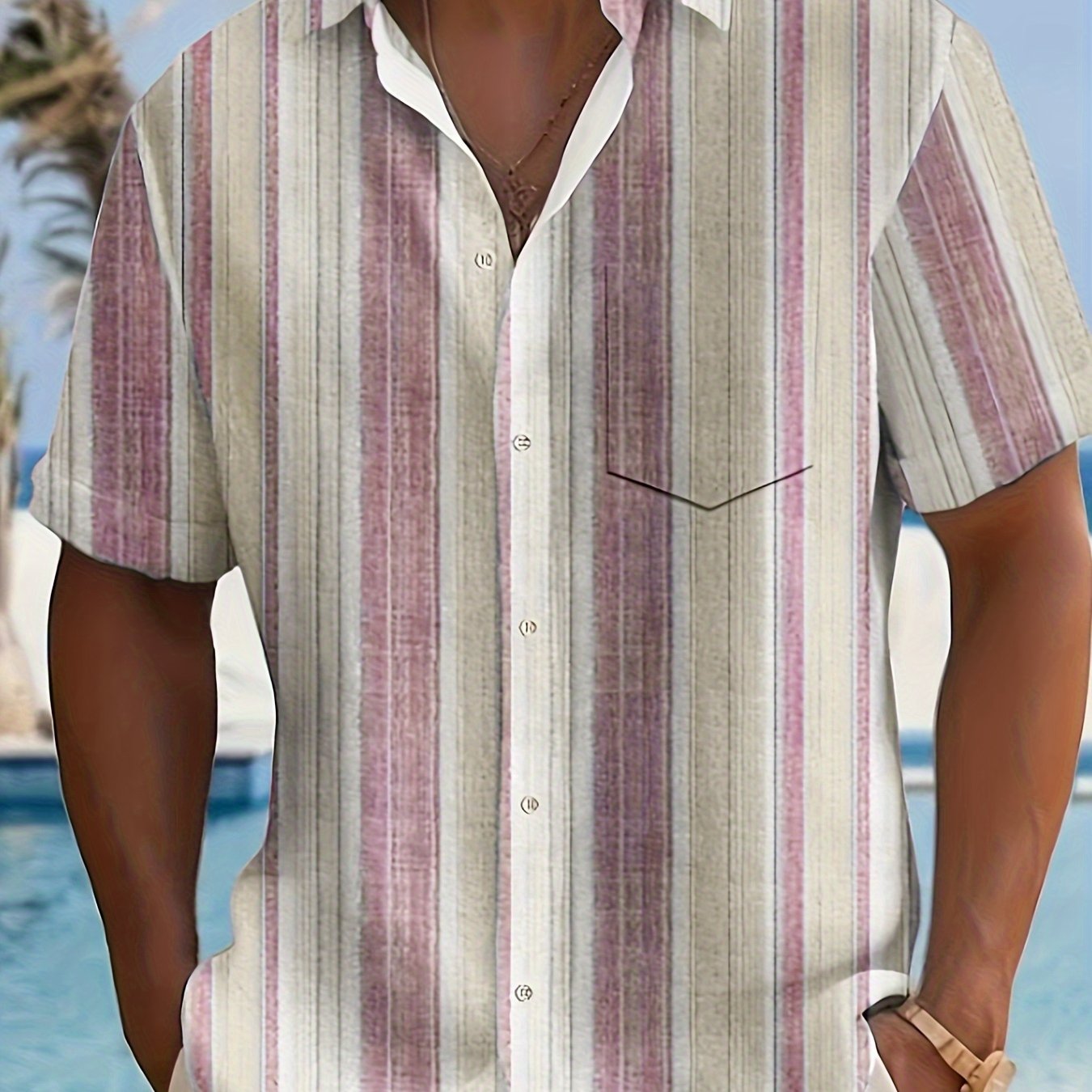 Men's Casual Short Sleeve Shirt with Full-Body Digital Print - Striped Design, Regular Fit, Button Front, All-Season Versatile Top for Casual Outings