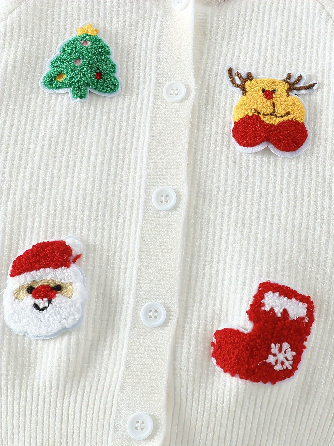 Girls' Christmas-Themed Knit Cardigan with Red Santa Hat & Festive Embroidery - Long Sleeve, White with Holiday Decorations, Perfect for Fall/Winter, Christmas Clothes for Girls