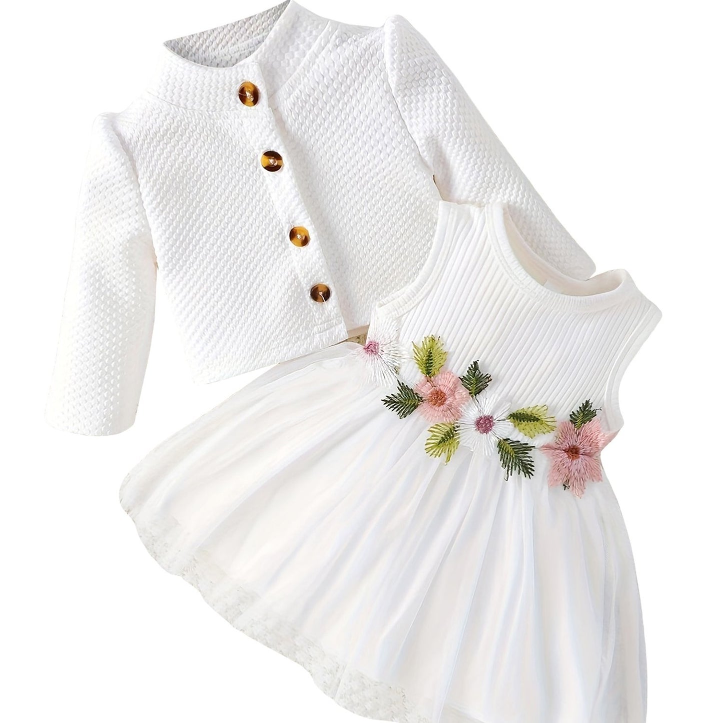 Baby Girl Fall Outfit, Long Sleeve Cardigan Coat Flower Embroidery Tulle Tank Dress 2pcs Set, for Outdoor