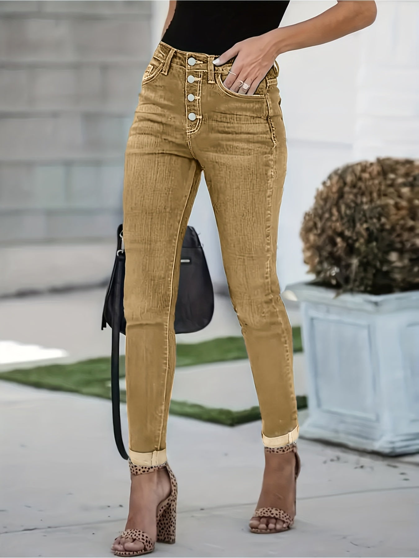 Women'S 2025 New Style Multi-Button Slim-Fit Stretch Denim Jeans - Plus Size Washed Jeans with Belt Loops & Zipper Closure, All-Season Comfort, Classic Five-Pocket Design, Casual to Semi-Formal Wear, Streetwear Style (No Fray