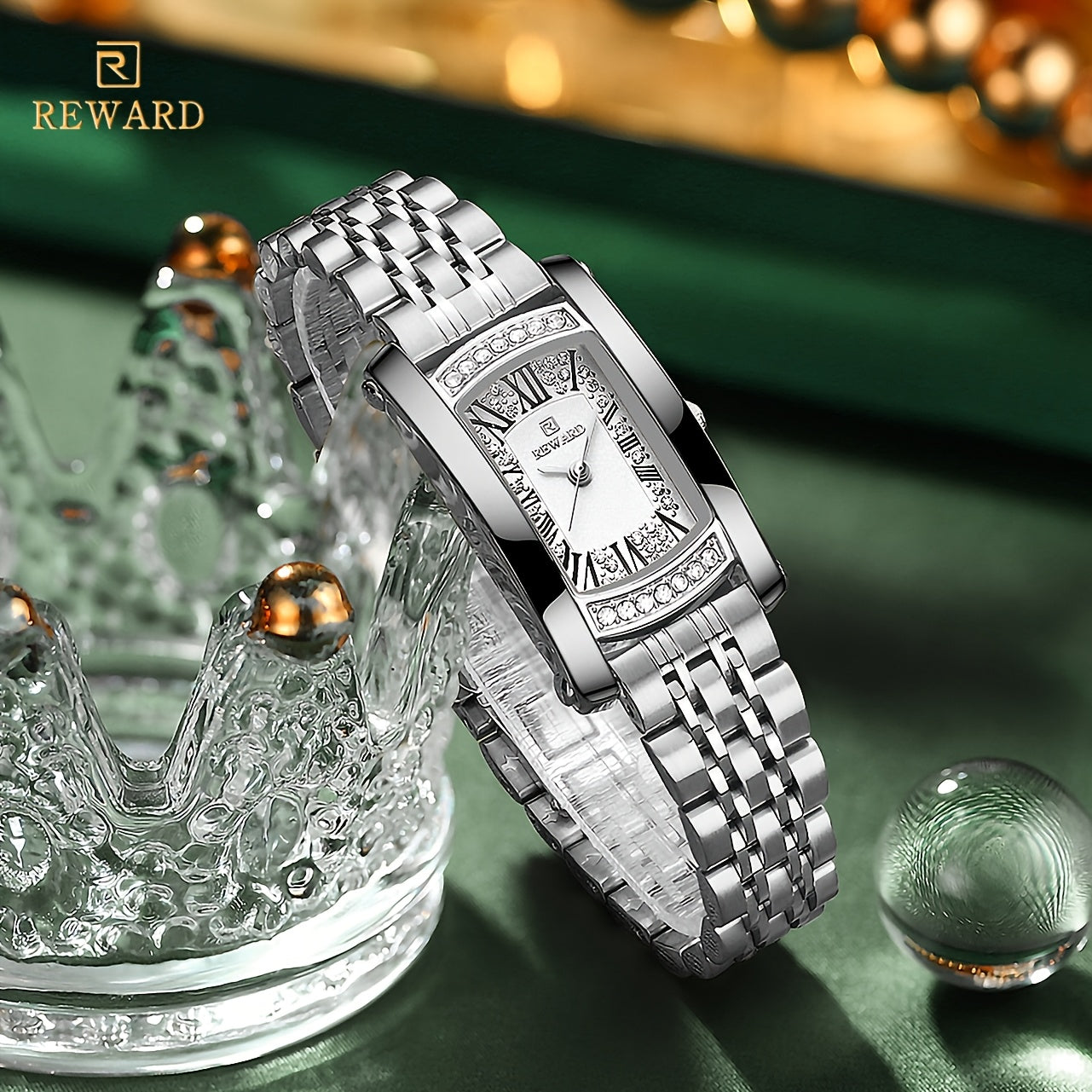 REWARD Women'S Quartz Watch - Japanese Movement, Stainless Steel Band, Glitter Accents, Tonneau Case, Digital Display, Scratch-Resistant Mineral Glass, Elegant Casual Style Wristwatch
