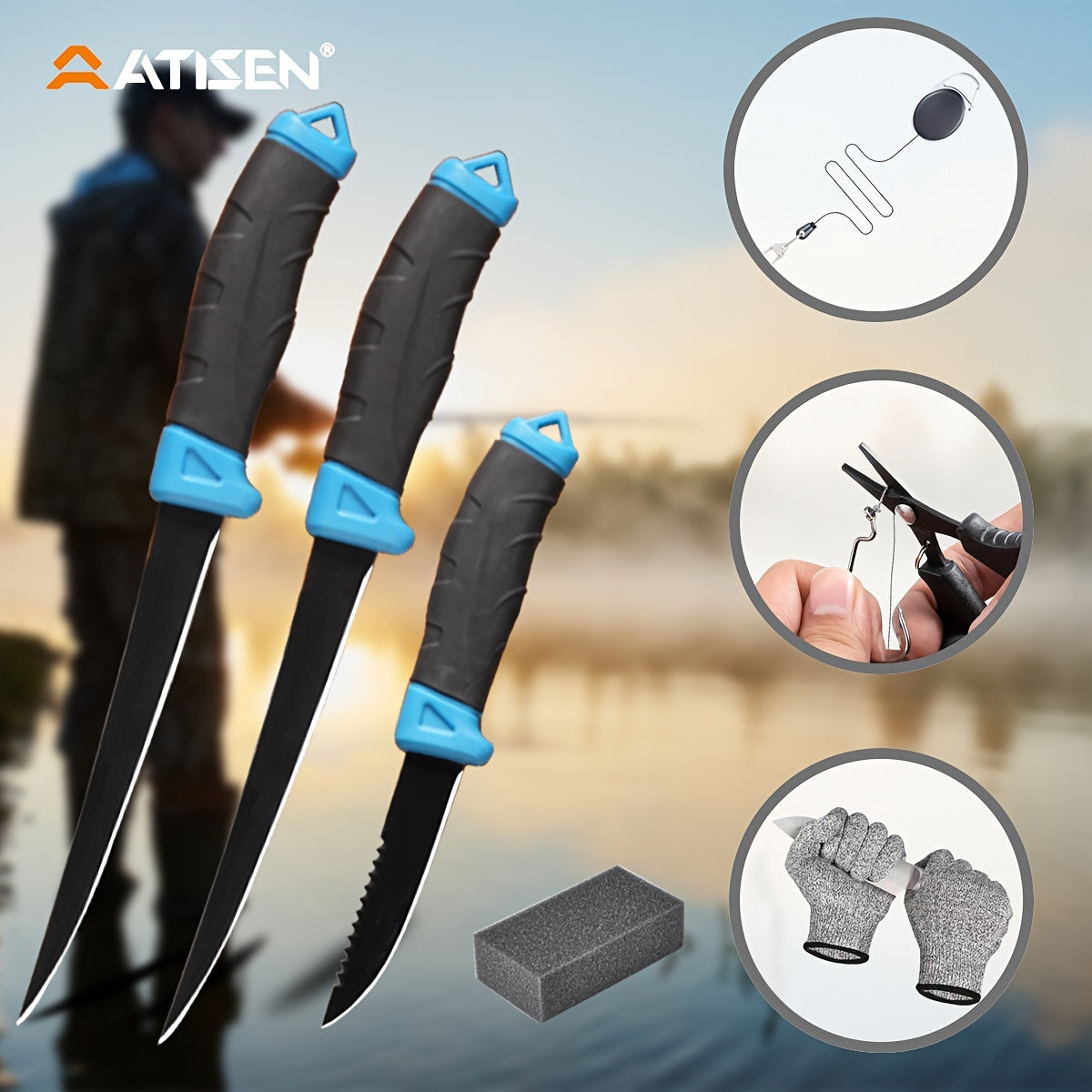 ATISEN 8pcs Fish Horn Knife Set, Fishing Set, Filleting Knife, Cutting Gloves, Cleaning Sponge, Fishing Line Cutter with Stretching Cord Loss Prevention, Wilderness Survival Knife, Outdoor Camping Supplies, Suitable Gifts for