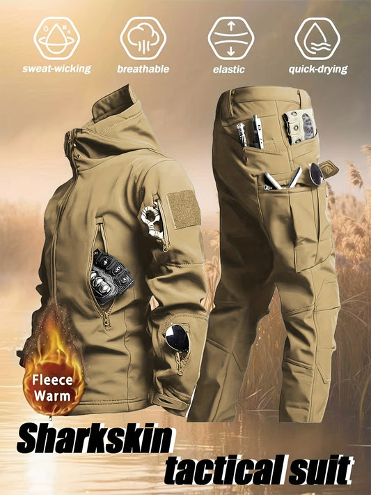 Men'S Autumn and Winter New Thickened Two-Piece Windproof Jacket Hoodie with Multiple Pockets, Elastic, Warm, Suitable for Hiking, Skiing, Fishing, Outdoor Sports Gear | Tactical Style | Breathable Fabrics, Winter Sports Gear