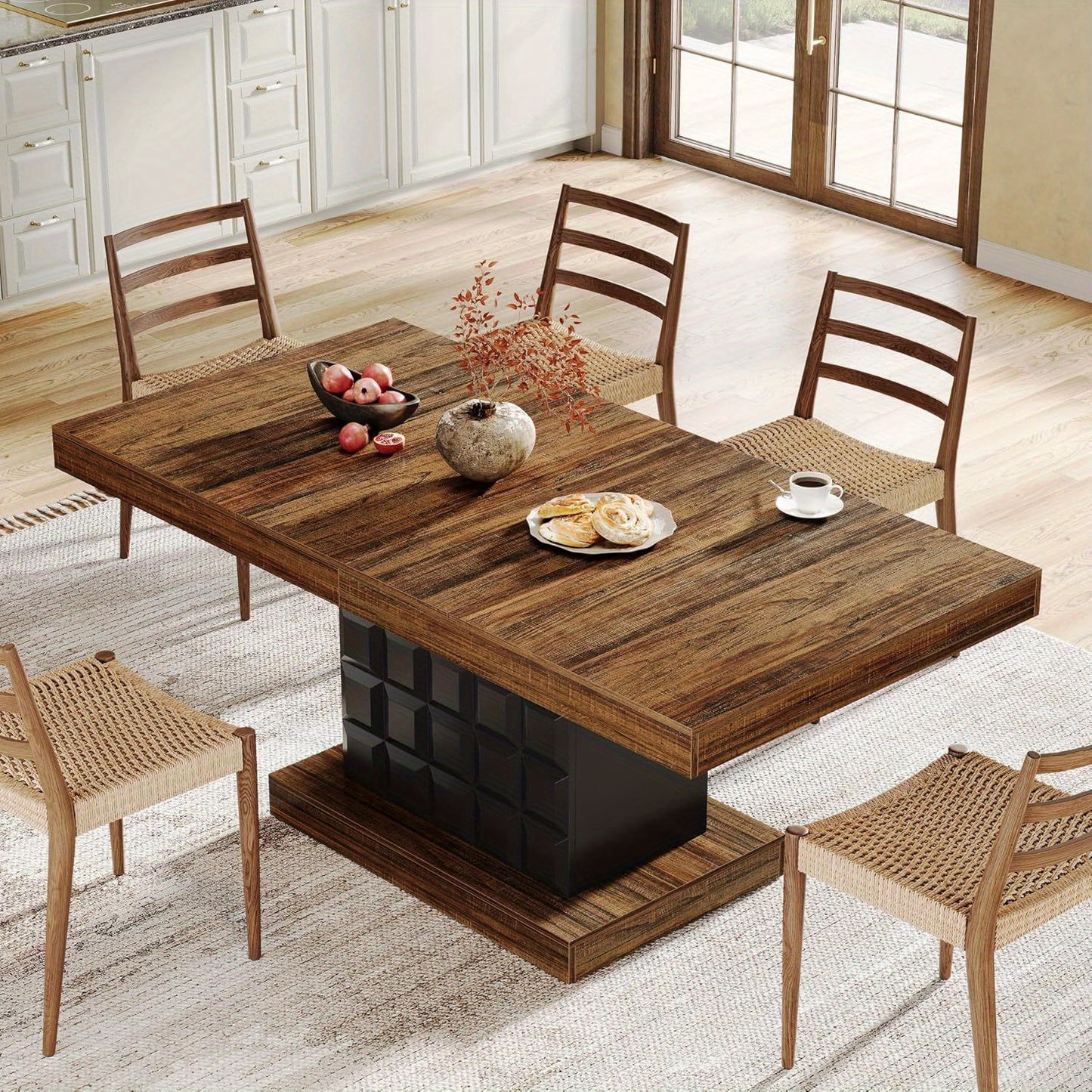 63" Farmhouse Dining Table Extension - Modern Rectangular Kitchen Table for 4-6 people with Brown Wood-like top & Sturdy Pedestal Base, Heavy-Duty MDF Construction, Easy Assembly - Perfect for Dining Room, Kitchen, or Enterta