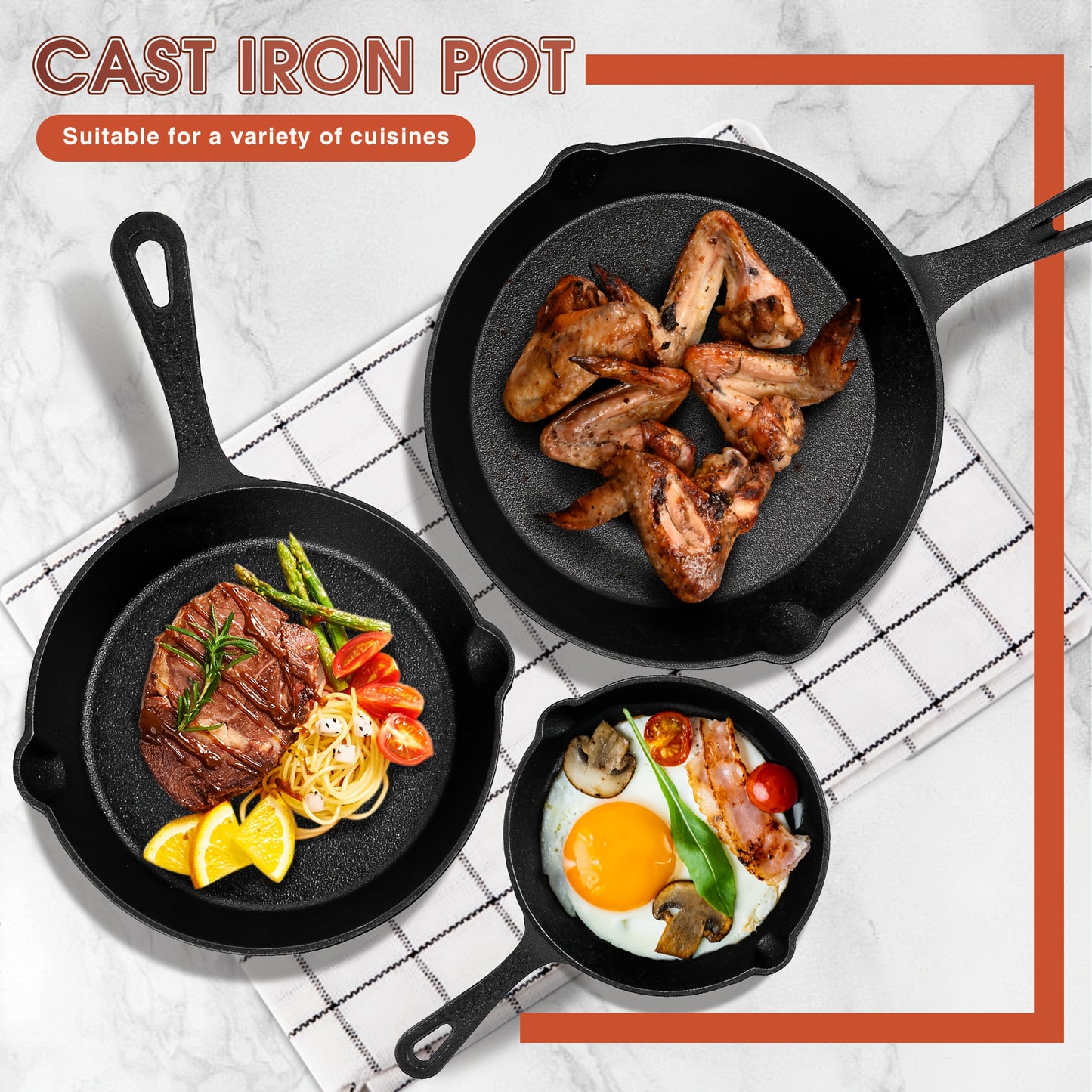 3pcs Heavy-Duty Cast Iron Skillet Set - Non-Stick Cookware with Drip Spout, Even Heat Distribution for Campfire, RV & Use - - Pans (No Teflon) - Perfect for Searing,, Dutch Meals (/Outdoor)