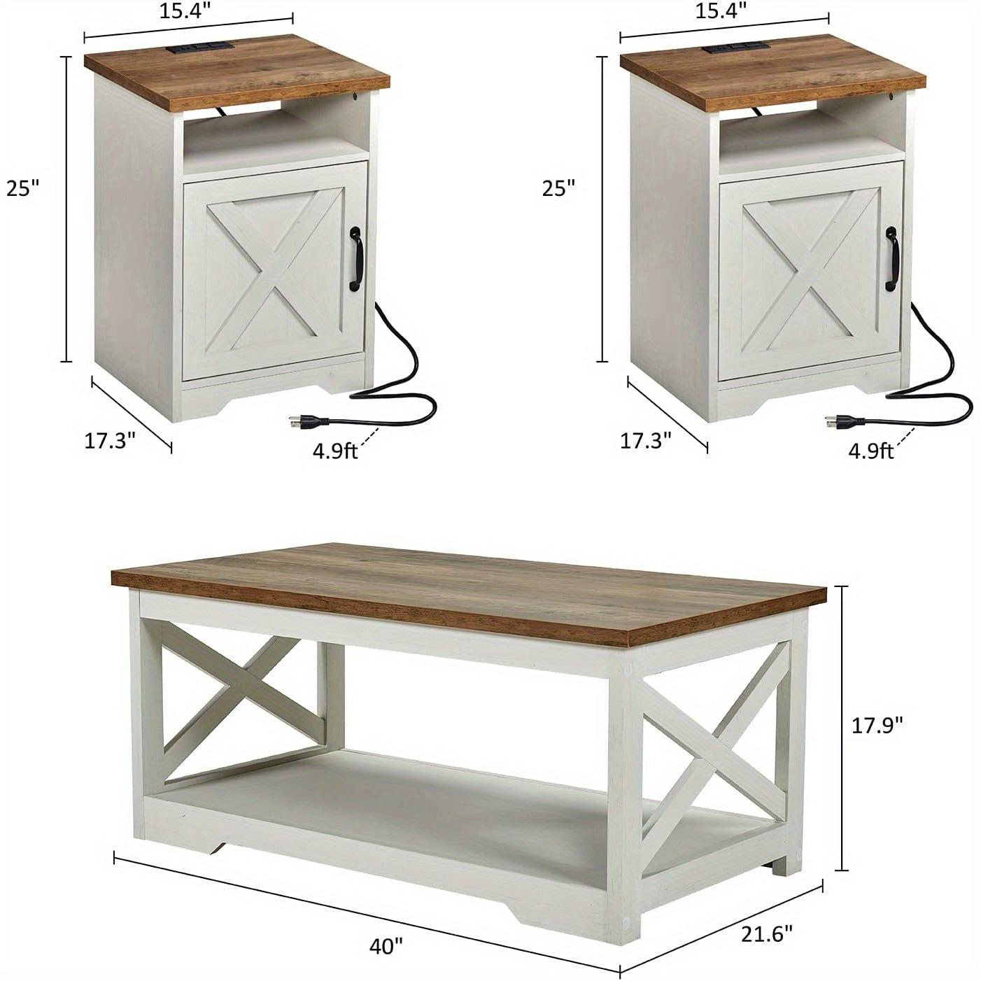 ALBOTT 3pcs Farmhouse Table Set Includes Coffee Table And Two End Tables Side Table with Charging Station And USB Ports for Living Space