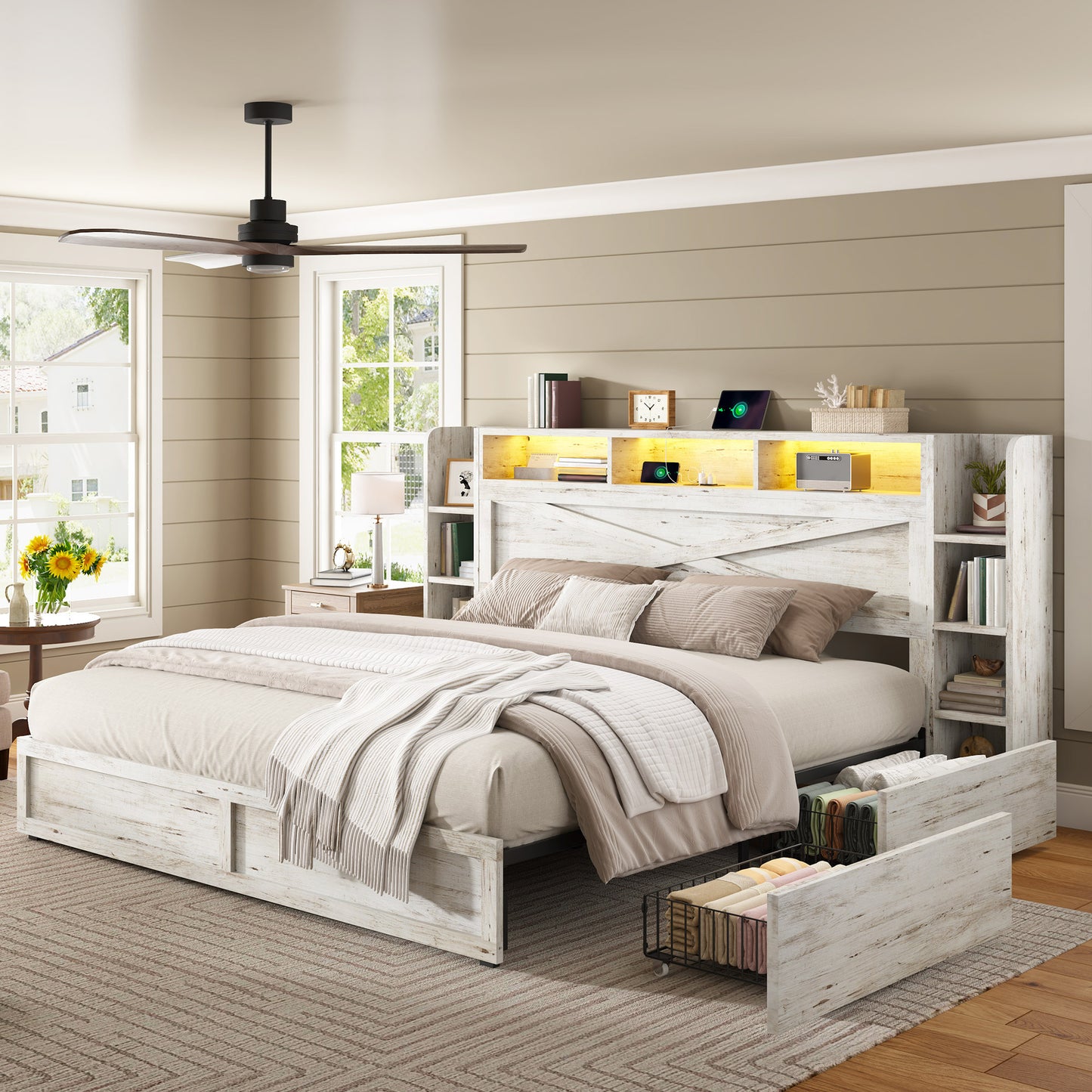 LUXOAK Rustic Farmhouse Platform Bed with Storage Headboard | Detachable Side Cabinets Drawers, LED Lighting, Hardwood and MDF Construction, Plug Powered, 125V, Pre-Assembled