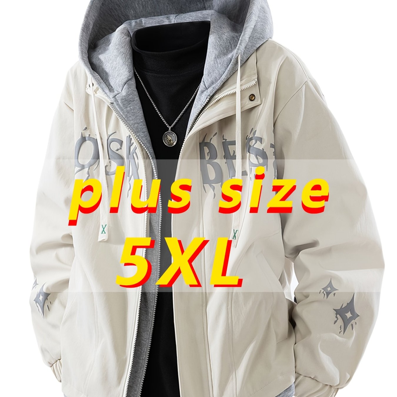 Men'S Urban Fashion: A Large, Color-Blocked Hooded Jacket Featuring Striking Text And a Faux Layering Style, Along with a Spring Crewneck Sweatshirt Designed to Look Like a Two-Piece, And a Casual Zip-Up, Plus Size