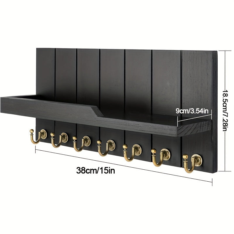 A Easy Wooden Wall-Mounted Shelf with 7 Hooks, a Floating Storage Organizer, Key And Mail Holder, Minimalist Design, Suitable for Home Living Rooms, Bedrooms, And Bathrooms, Easy to Install