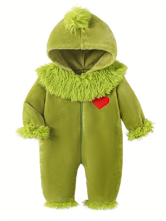 Infant Baby Boy & Girl Green Monster - Furry Hooded Zipper Jumpsuit with Plush Trim, Soft Fuzzy Outfit with Heart Cutouts & Fluffy Ears for Christmas, Birthday Party, Everyday Play - Easy-Care Monster Romper ( to 12m) - Hand