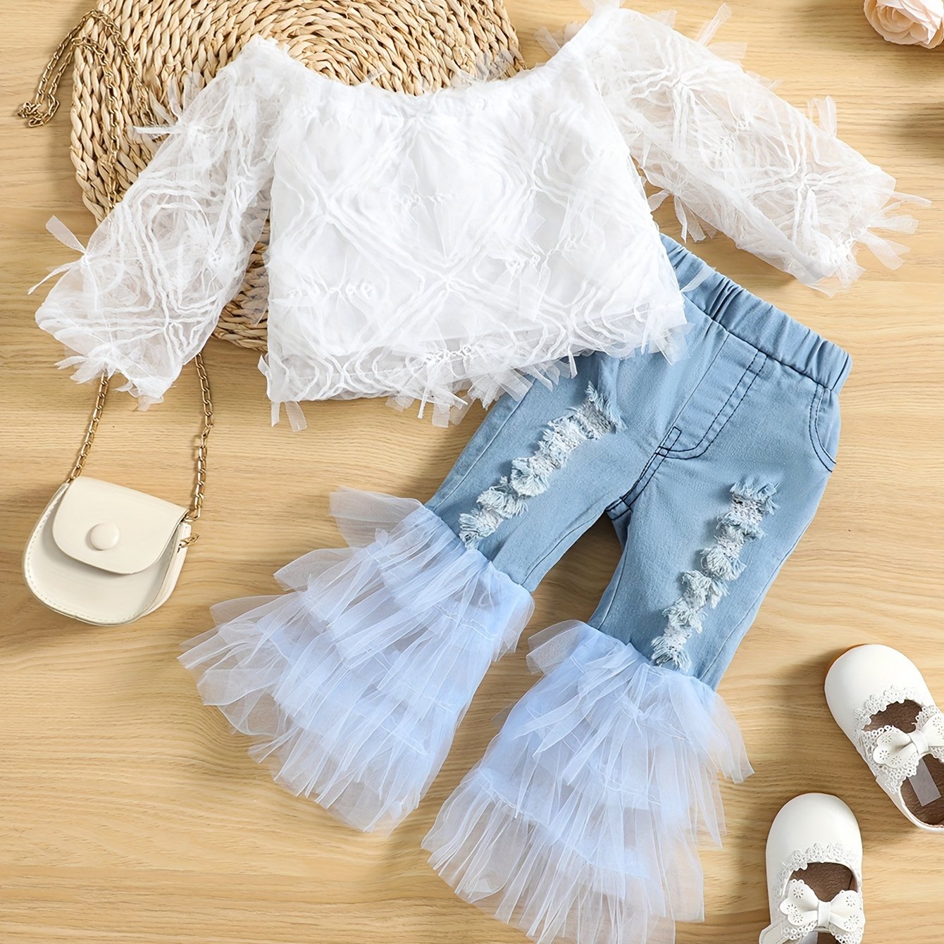 White Lace Off-The-Shoulder Top with Faux Denim Bell Bottom Faux Denim, Tulle Trim Halloween Christmas Outfit, for Outdoor