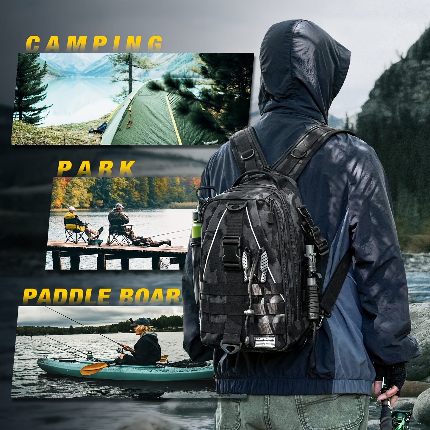 Ghosthorn Fishing Backpack with Tackle Boxes, High Quality Sling Tackle Bag for Fishing Gear with Rod Holder, Gifts for Men, Outdoor Fishing Accessory, Fishing Gear Storage, Sling Pack With Rod Holder, All-In-One Fishing Kit,