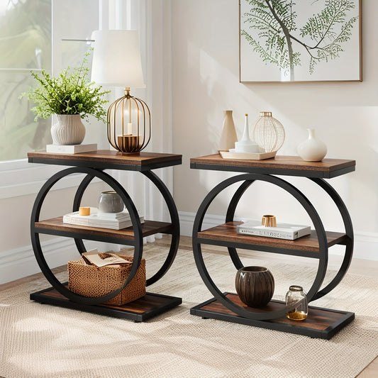 Vintage End Table Set Of 2, Narrow End Table with 3 Storage Shelves, Farmhouse Wooden Side Table, Industrial Small Sofa Side Table for Living Room, Modern Slim Nightstand And Bedside Table for Bedroom