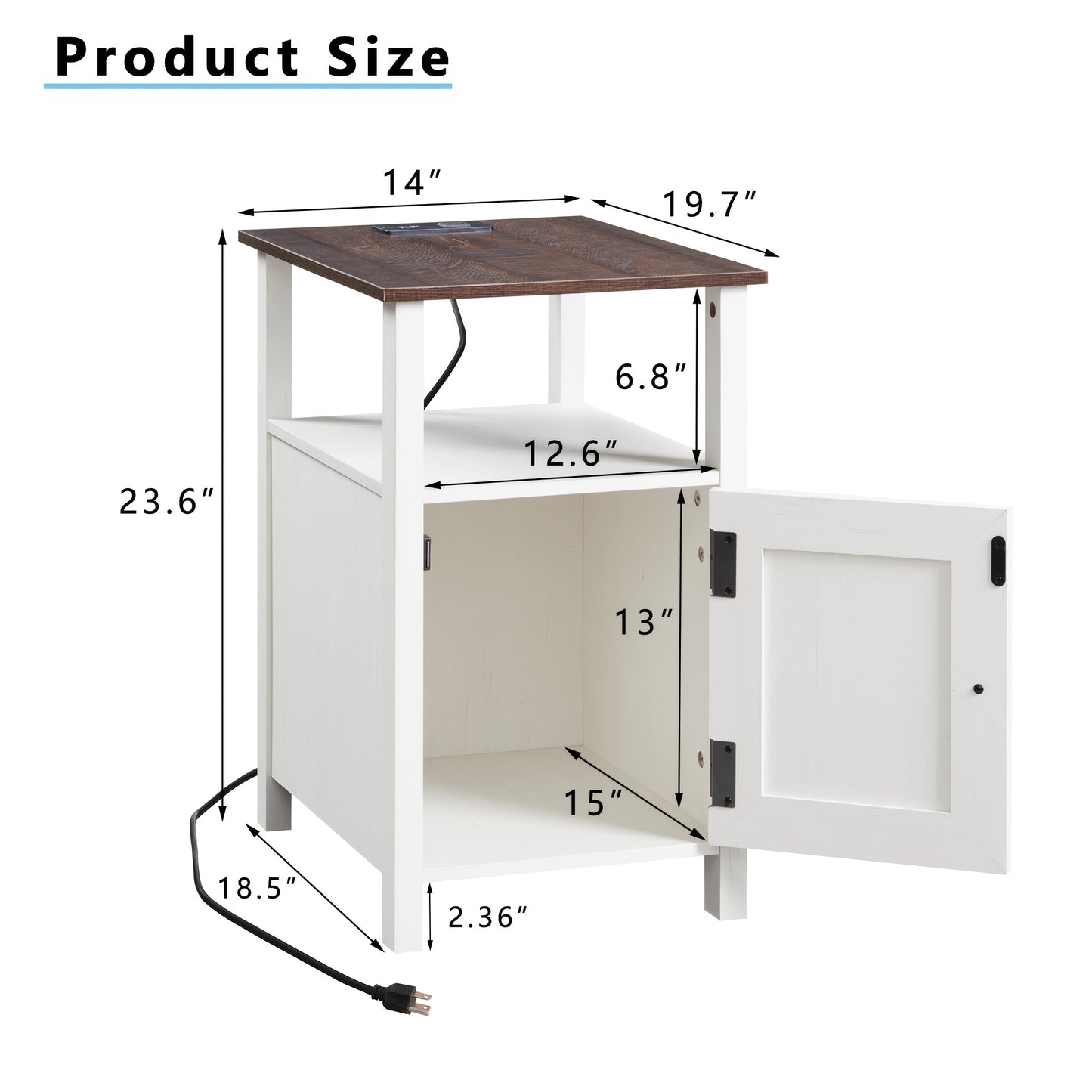 Farmhouse Nightstand Set Of 2 with Charging Station, End Table with Drawers And Storage Shelves for Living Room Bedroom