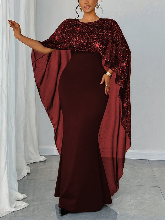 Plus Size - Plus Size - Women'S Elegant Dress with Star-Speckled Cape Sleeves - Stretchy Summer Party & Formal Attire, Plus Size Fitted Top & Flowy Skirt, Machine Washable, Elegant Outfit | Flowy Skirt Gown | Sleek Black Dres