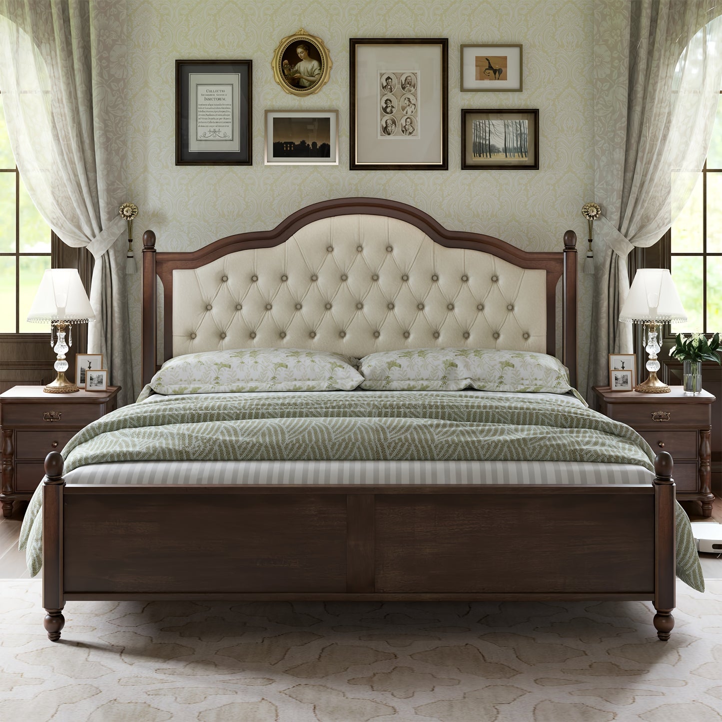 A Robust Wooden Bed Frame Featuring a Stylish Platform Design And a Sophisticated 52.5" Upholstered Tufted Headboard, Merging Strength with Elegance.