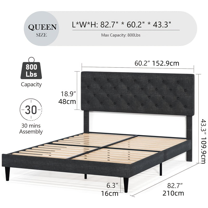 Twin/Full/Queen/King Size Bed Frame With Headboard, Linen Fabric Upholstered Bed Frame With Wood Slats(mattress Not Included), Halloween Decor, Wood Slats For Easy Assembly, Button Tufted, White/Blue/Dark Gray/Light Gray/Pink