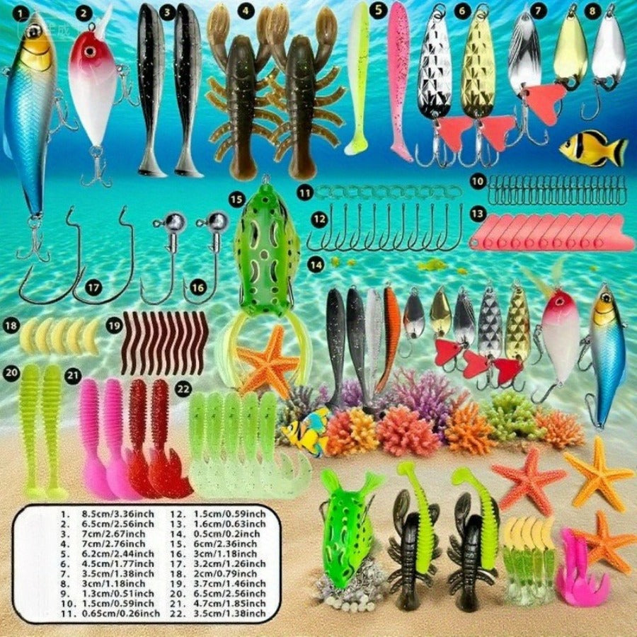 fanyishu Popular - Professional Bass Fishing Lure Set | 109pcs Kit, Includes Treble Hooks, Soft Baits, Plastic Worms, Sinkers, and Fish Hooks Suitable for Saltwater