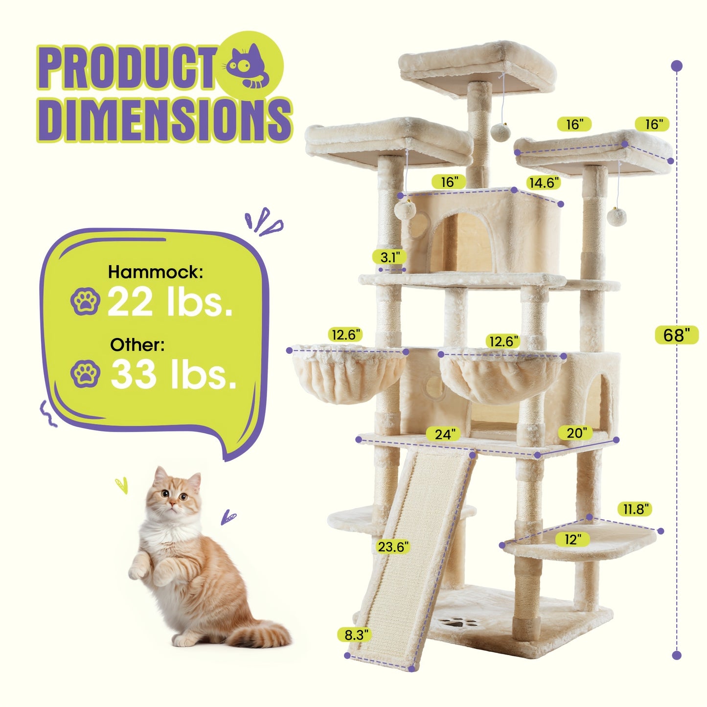WEEWAY Multi-Level Cat Tree Tower for Indoor Cats - Modern Space-Saving design with Scratching Posts, Plush Perches, Hanging Platforms, Entryways - Sturdy Construction for Climbing, Scratching, Resting - Ideal Gift for Kittie
