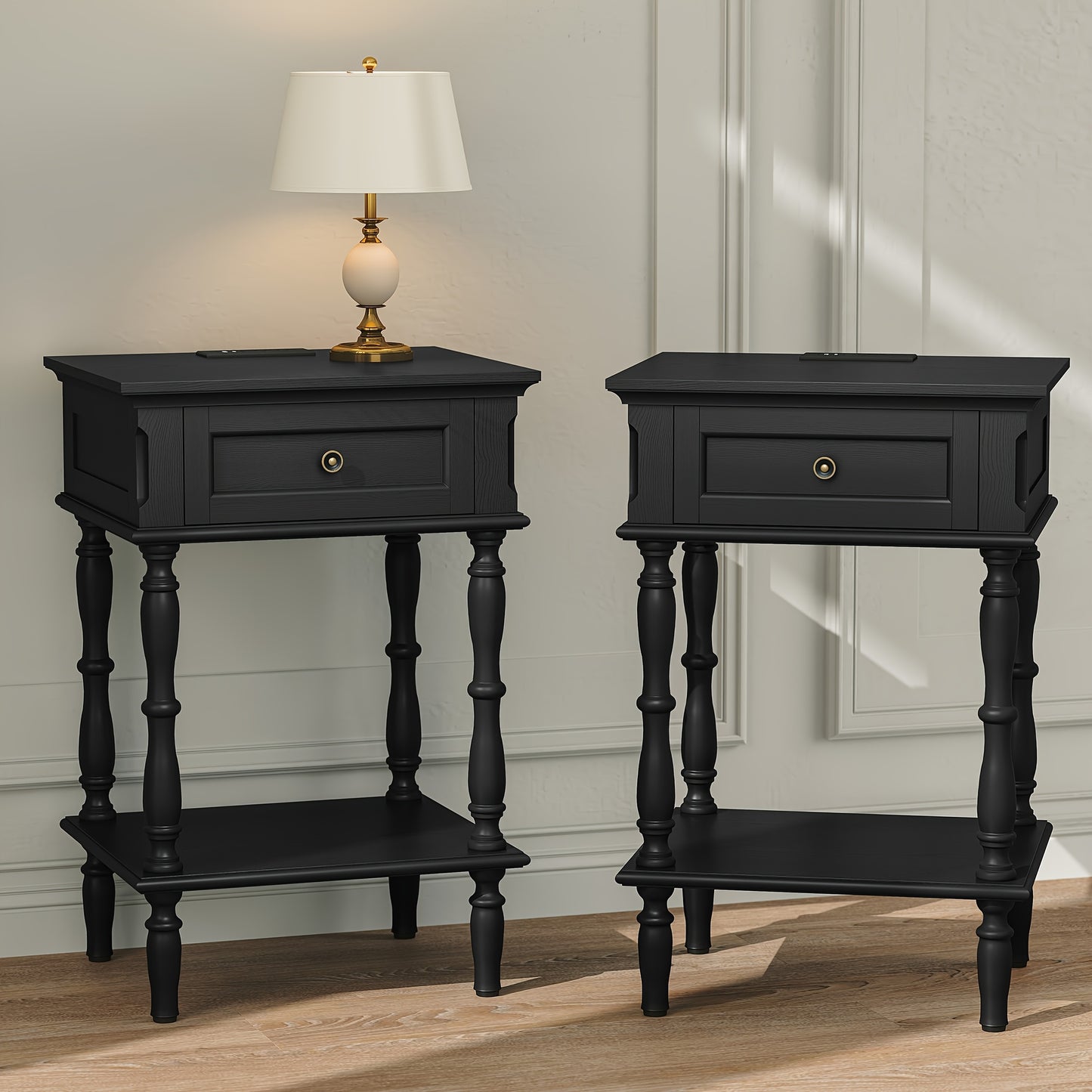 Set of 2 Retro Wood Nightstands | Minimal Assembly, Tree-Veneer, Small Bedside Table with Drawer and Shelf, Suitable for Living Room and Bedroom