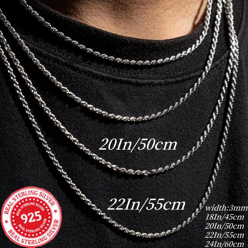 925 Sterling Silver 3mm Twist Necklace, Classic Simple Design, Unisex, Suitable For All Occasions - Valentine'S Day, Halloween, Christmas, Anniversary Or As A Holiday Gift (including Gift Box); Buy Three, Get One Free