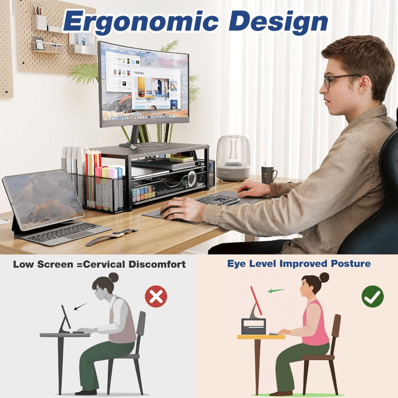 Desk Organizer And Accessories, 2-Tier Computer Monitor Stand Riser with Drawer And 2 Pen Holders, Laptop Stand, Printer Stand, Office Desk Accessories for Office Supplies, Black