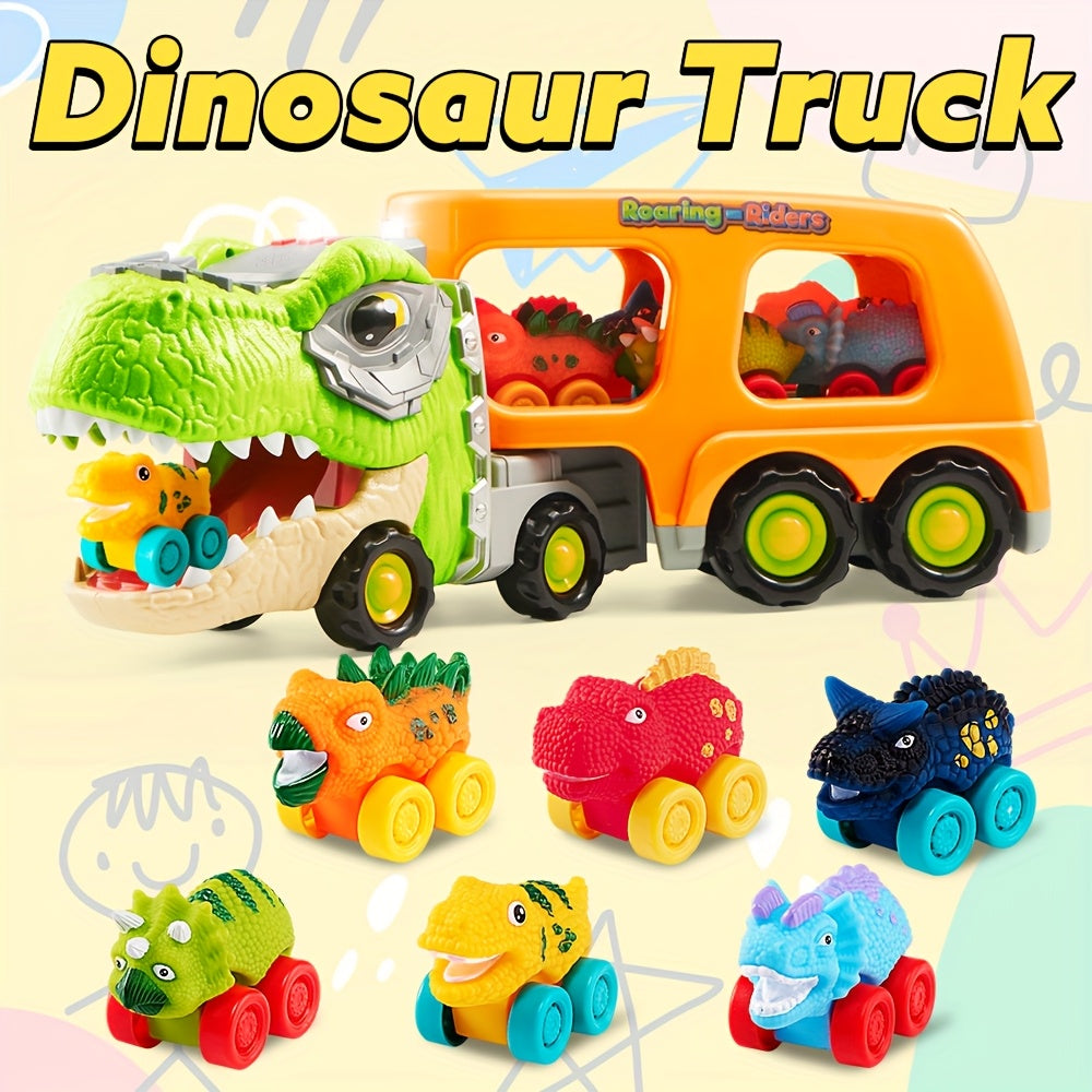 Dinosaur Truck toy for Kids, Dinosaur Car Carrier Truck with 6 Rubber Car Vehicles, Birthday Party Gifts with Music & Lights for boys and girls