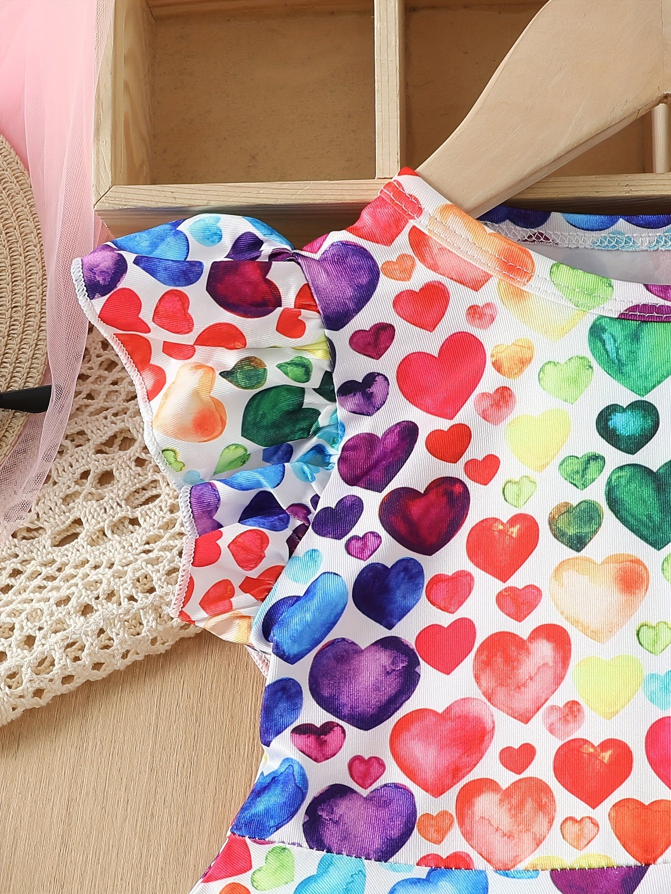 1pc Elegant Polyester Dress for Girls, Ruffled Hem Princess A-Line with Flutter Sleeves, Colorful Heart Pattern, Spring/Summer Knitwear