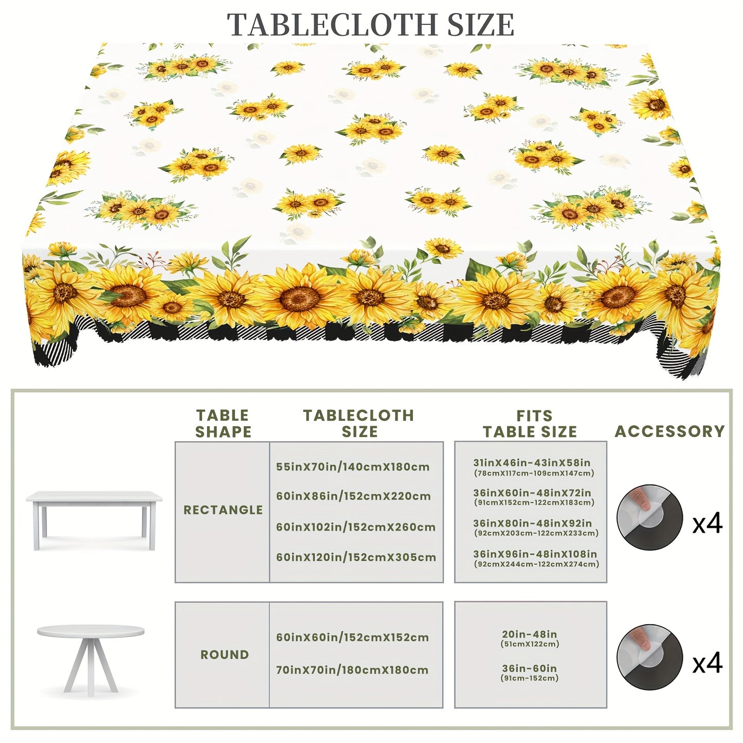 1pc Tablecloth+4pcs Anti Slip Stickers, Floral Themed Printed Tablecloth, Farmhouse Style, Blooming Sunflowers Design, Wedding Season, Anniversary, Mother's Day, Camping Picnics, Party Decor, Kitchen Accessories, Room&Outdoor