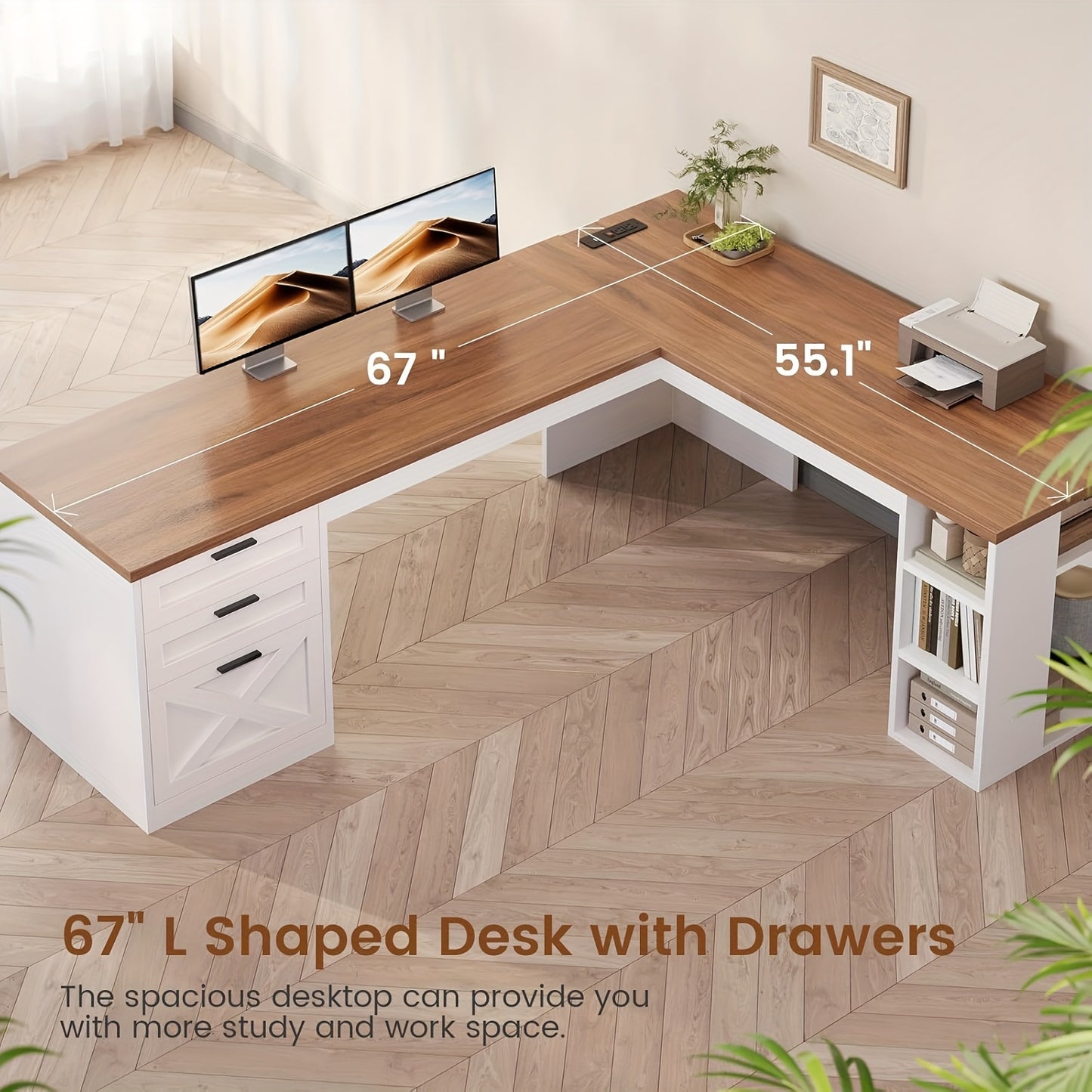 L-Shaped Desk for a Farmhouse Style, Featuring Ample Storage, a Spacious Computer Workspace with Power Outlets, Drawers, And Open Shelving, Designed for Corner Placement, with a White And Brown End