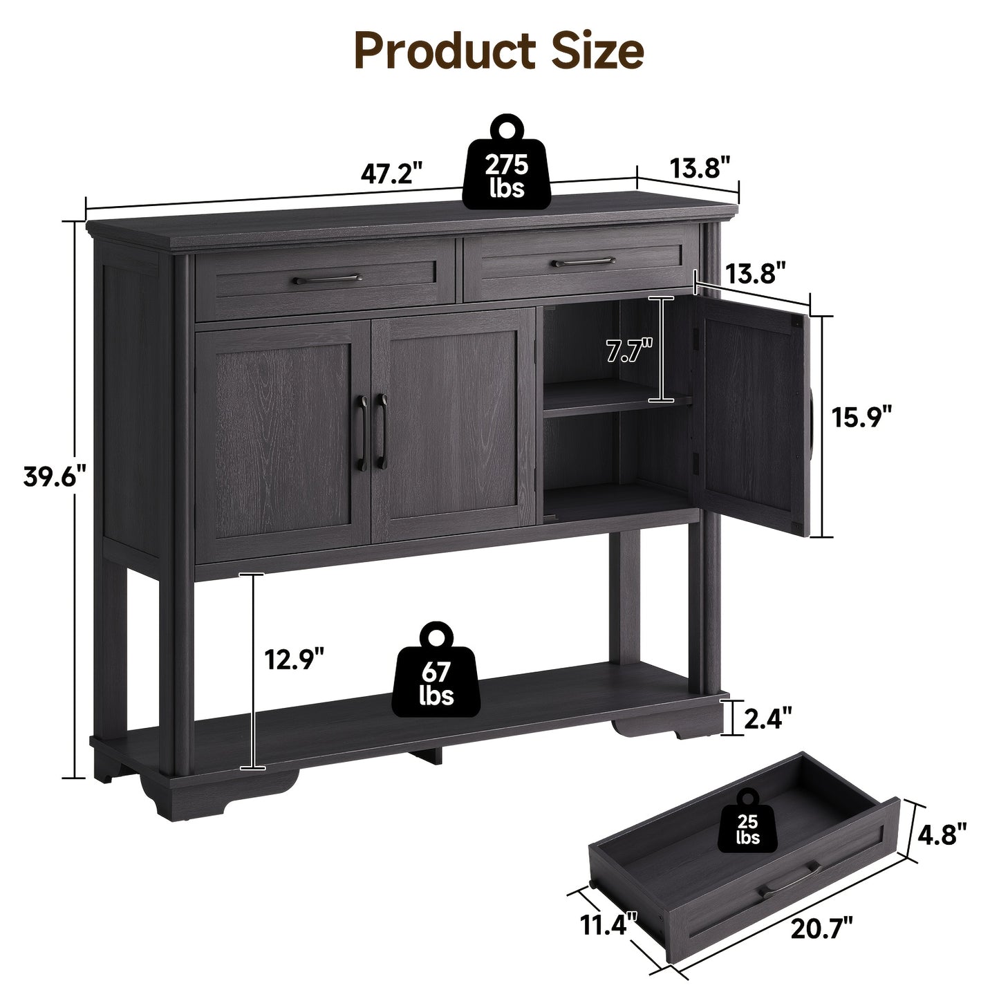 47.2 Inch Buffet Sideboard With Storage, Console Table With 2 Drawers And 3 Doors, Open Storage Shelf, Farmhouse Entryway Table With Adjustable Shelves, Coffee Bar Buffet Cabinet For Kitchen, Living Room, Black