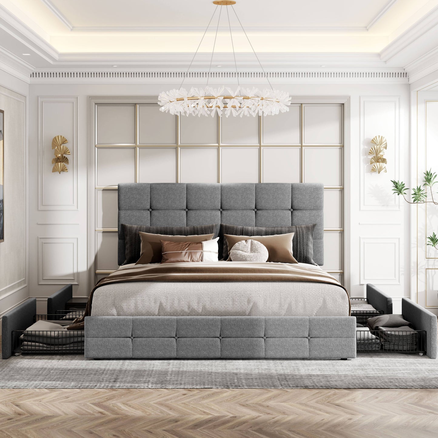 HOOMIC Full/Queen/King Size Platform Bed Frame with 4 Storage Drawers & Adjustable Headboard - Contemporary Square Stitched Button Tufted Design, Noise-Free Wooden Slats, No Box Spring Needed, Easy Assembly, Recycled Wood & M