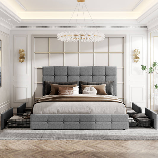 HOOMIC Full/Queen/King Size Platform Bed Frame with 4 Storage Drawers & Adjustable Headboard - Contemporary Square Stitched Button Tufted Design, Noise-Free Wooden Slats, No Box Spring Needed, Easy Assembly, Recycled Wood & M