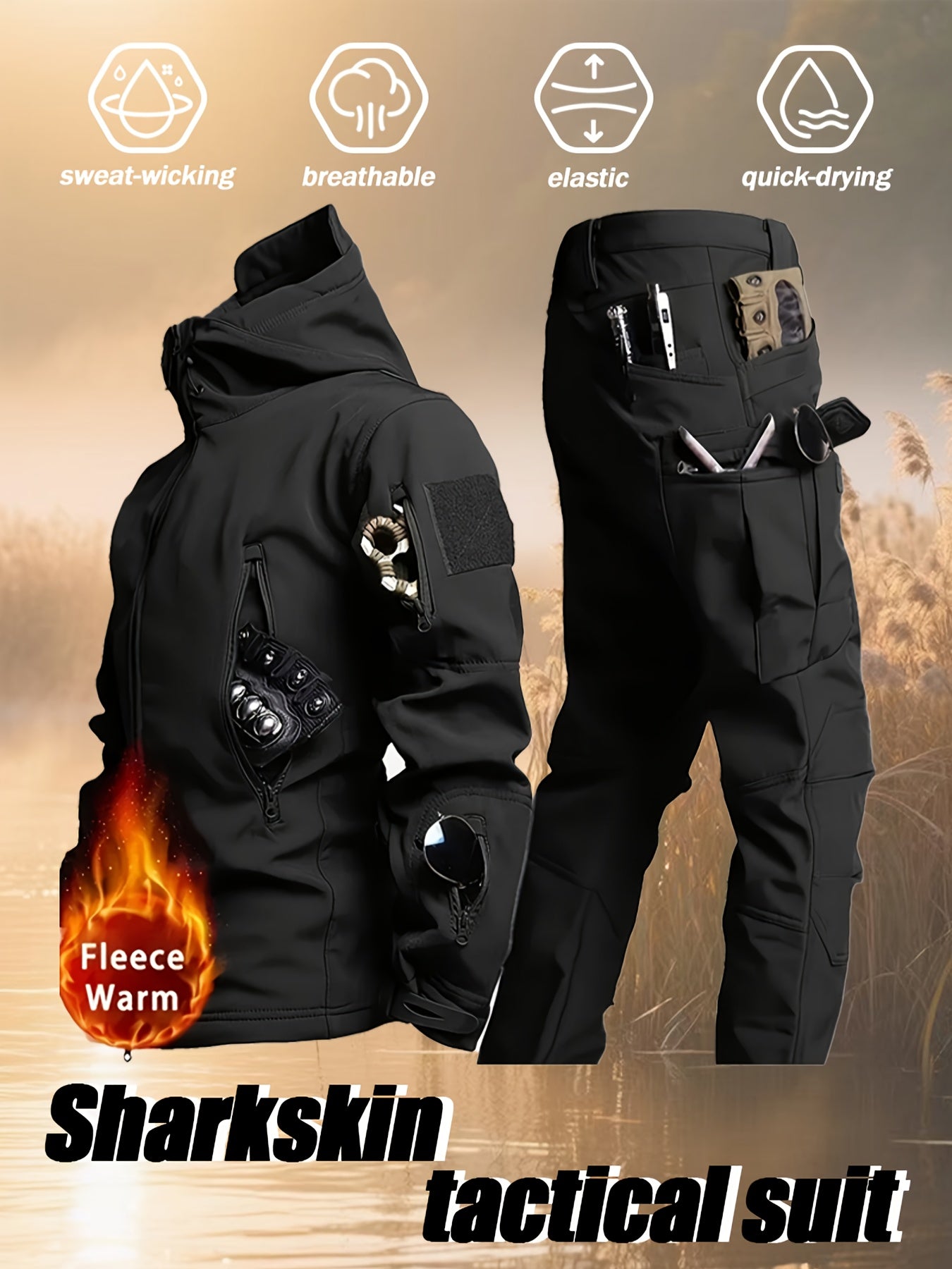 Men'S Autumn and Winter New Thickened Two-Piece Windproof Jacket Hoodie with Multiple Pockets, Elastic, Warm, Suitable for Hiking, Skiing, Fishing, Outdoor Sports Gear | Tactical Style | Breathable Fabrics, Winter Sports Gear