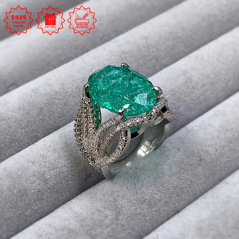 Ladies' 925 Silver Luxury Fashion Classic Retro Color Treasure Paraibapa Ring Women's Promise Engagement Wedding Pure Silver Full Moissanite Moissanite Ring Suitable for Daily Birthday Gifts Wedding Ring Give Her Or Him (Gift