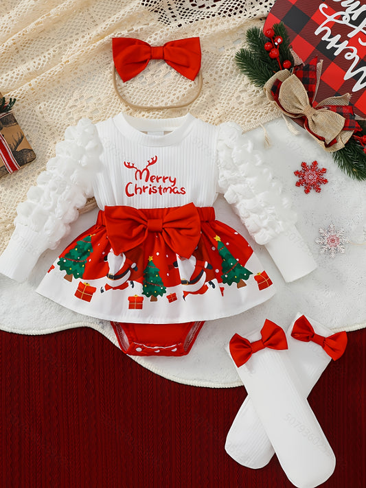 3pcs Set for Baby Girls Featuring a Christmas-Themed Long-Sleeve Romper Dress with a Round Neck, Lantern Sleeves, And Santa Claus Print, Along with a Headscarf And Socks, for Outdoor