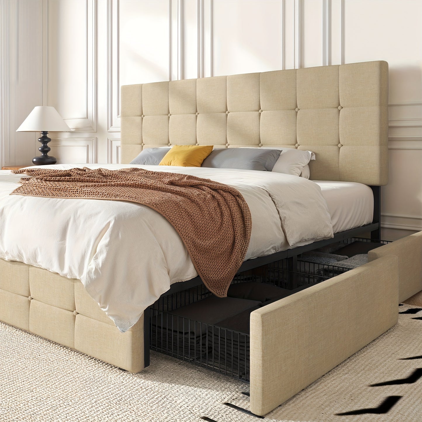 HOOMIC Full/Queen/King Size Platform Bed Frame with 4 Storage Drawers & Adjustable Headboard - Contemporary Square Stitched Button Tufted Design, Noise-Free Wooden Slats, No Box Spring Needed, Easy Assembly, Recycled Wood & M